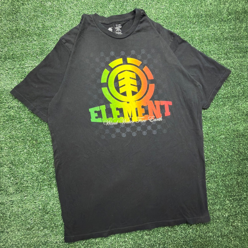 Vintage y2K Element Skateboards T Shirt Mens XL Black Rasta Logo Skater Graphic